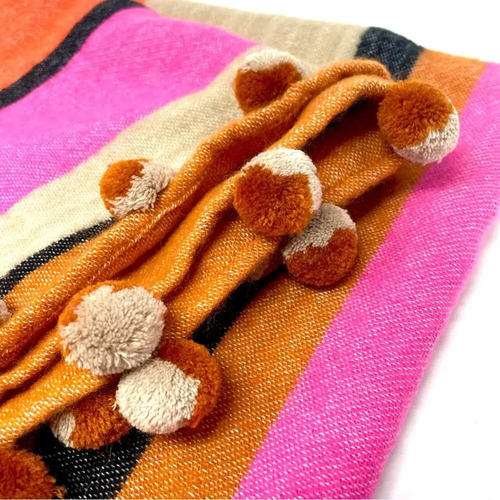 Nordstrom Women's Soft Plush Blanket Scarf Pompoms Pink Orange Black Tan Stripe